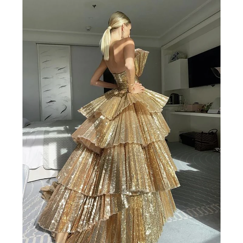 Kadisua Golden Evening Dress Luxury Strapless Tiered Pleat Floor Length Gown Formal Occasion Elegant Women Long Dresses 2024