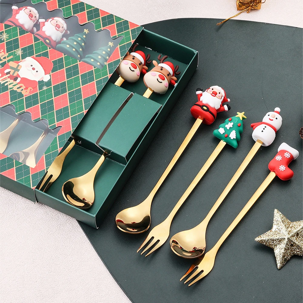 

Christmas Coffee Spoons Forks Set Stainless Steel Spoon Forks Elk Christmas Gifts for Kids Navidad Red/Green Gift Box 4PC Set
