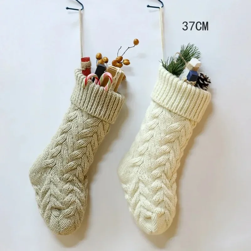 1pc Christmas Knitted Stockings Decor Festival Gift Bag Fireplace Xmas Tree Hanging Ornaments Red White Christmas Sock