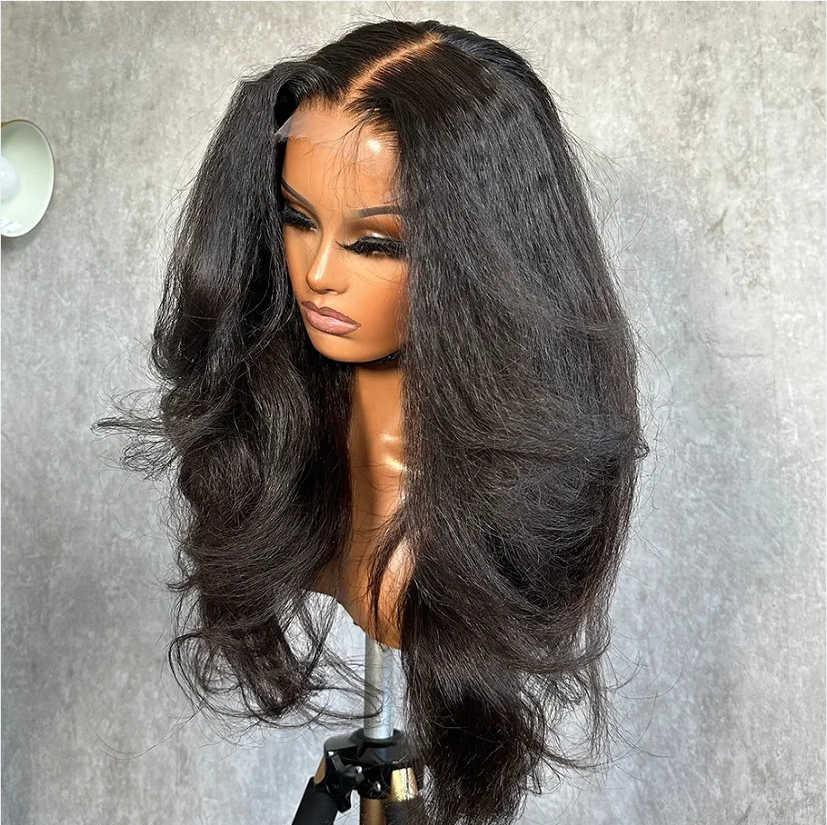 Soft Body Wavy Kinky Straight 26Inch Long 180%Density Glueless Lace Front Wig For Black Women With Baby Hair Heat Temperature