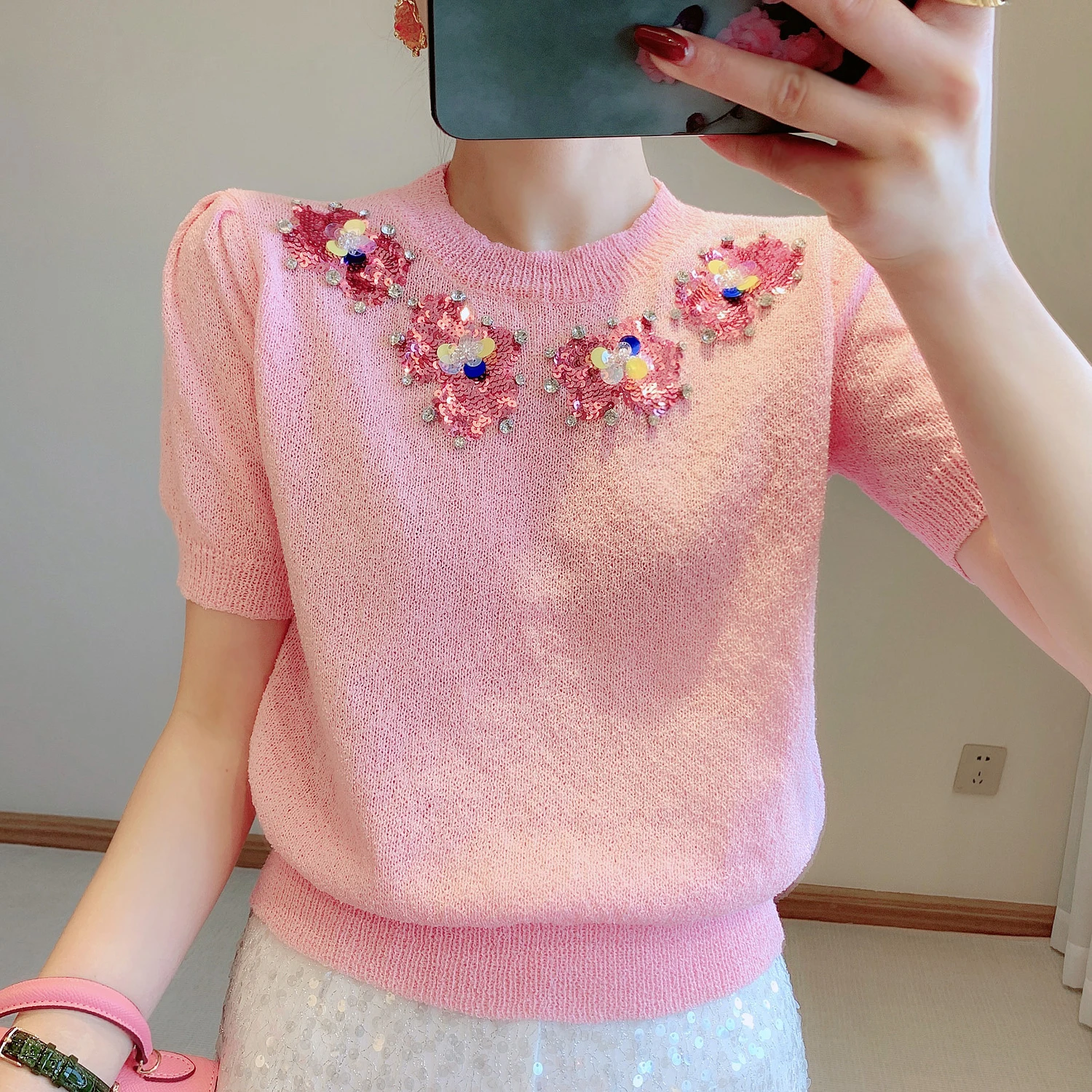 

Puff Sleeve Pink Beaded Sequin Round Neck Casual Summer Thin Knitted Pullovers Short Sleeve Knitted Top Slim Tops 2023 New