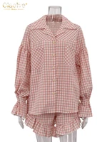 Clacive Fashion Loose Stripe 2 Piece Sets Women Outfit 2025 Elegant Long Sleeve Shirt With High Waist Ruffle Shorts Set Female - Image 5