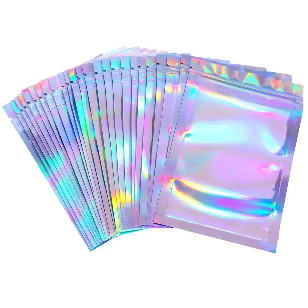 Holographic Mylar Bags Holographic Storage Bag Holographic Bags 100PCS Holographic Bag Laser Rainbow Pattern Self Sealing Bag Candy and Front Window Sample