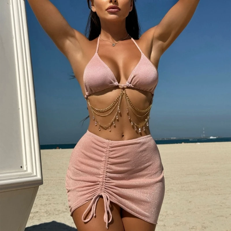 

Купальный костюм на шнурке для женщин, комплект из 3 предметов, модные купальники с цепочкой и пляжной юбкой, купальный костюм с