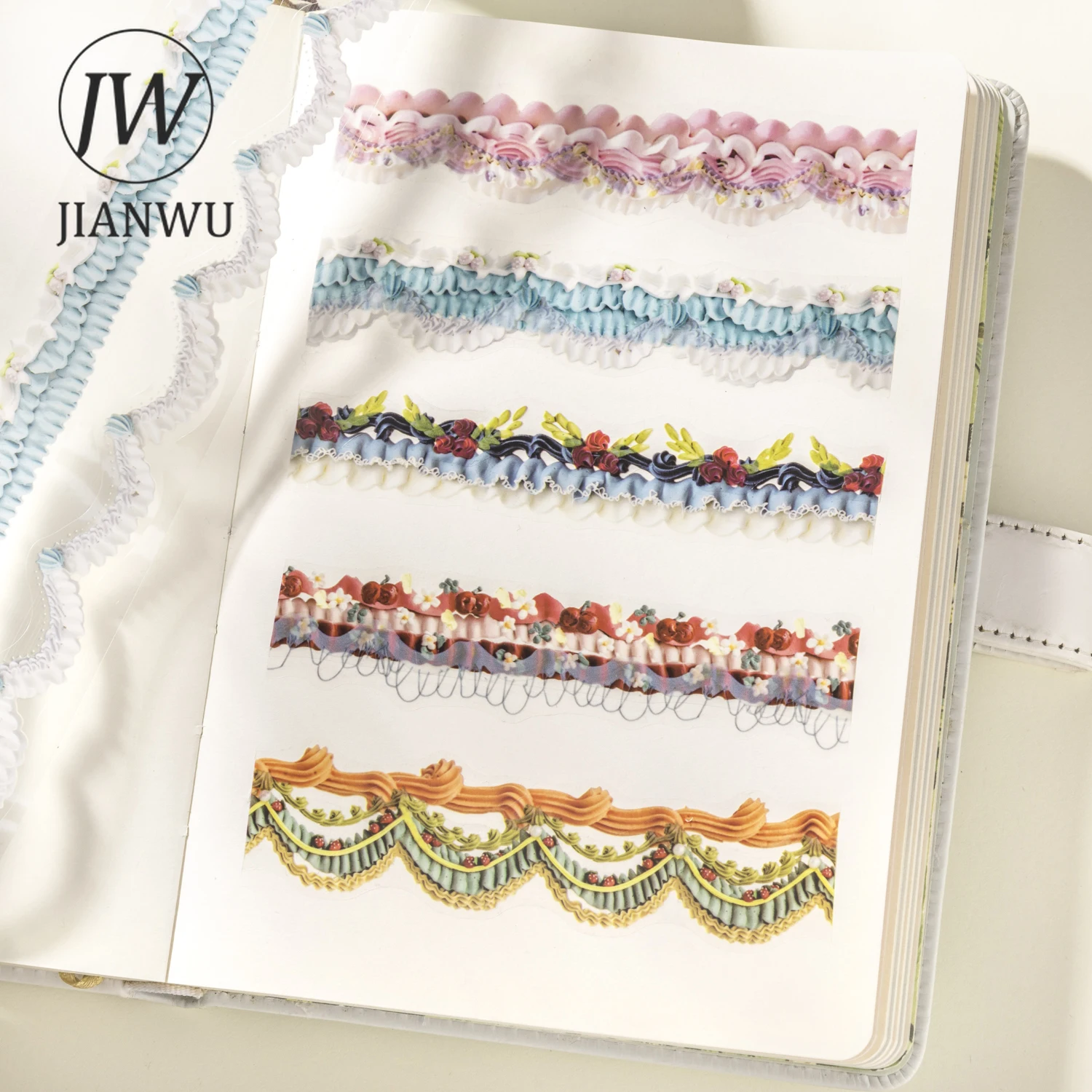 JIANWU Cured Latte 시리즈 빈티지 크림 레이스 꽃 풍경 소재 콜라주 스크랩북킹 PET 테이프 크리에이티브 저널 문구류