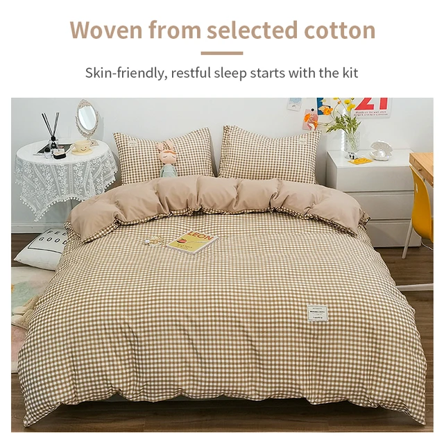 Ensemble de housse de couette 100% coton, ensemble de literie avec rayures à carreaux, respirant et respectueux de la peau, 1 housse de couette, 2 taies d'oreiller, Style Simple japonais 6
