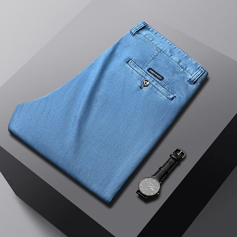 New Spring Men's Light Blue Stretch Straight Jeans Business Casual Denim Pants Modal Fabric Trousers Male Brand