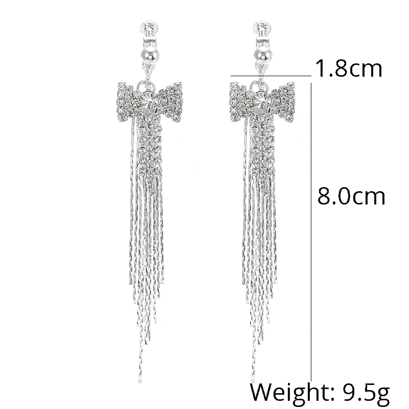 Luxury Silver Long Tassel Full Rhinestone Clip on Earrings for Women's Without Piercing Wedding Bridal Party Jewelry Gift ear clip earrings clip earrings ear clip fashion earrings ear accessories