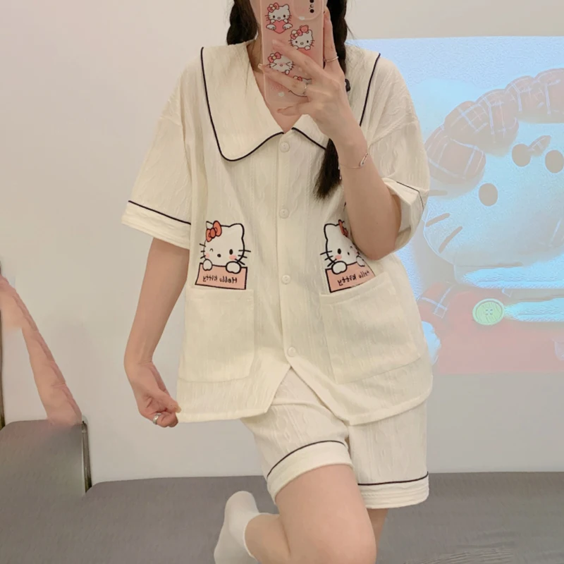 

Cute Hellokittyed Summer New Girls Pajamas Set Kawaii Sanrio Pachacco Anime Cartoon Short Sleeve Shorts Casual Homewear 2023