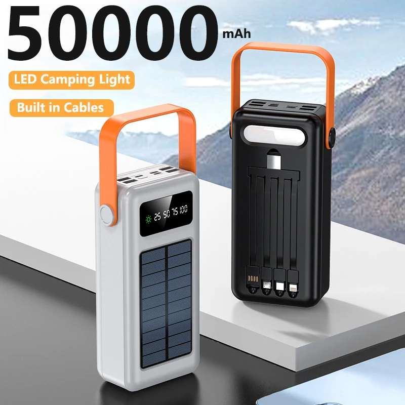 Banco de energía Solar 50000mAh, cargador portátil con Cable incorporado, paquete de batería externa, Powerbank 50000 para iPhone, Xiaomi, Samsung y Huawei