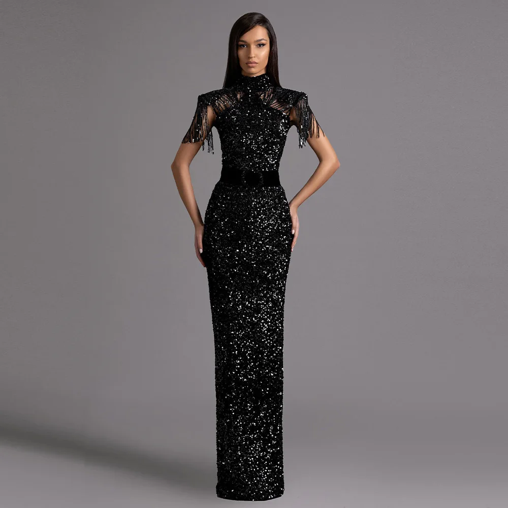 

Блестящие вечерние платья с блестками, длинные черные вечерние платья с высоким воротником и бахромой для женщин, вечернее платье с разрезом без рукавов, платье-футляр для вечеринки