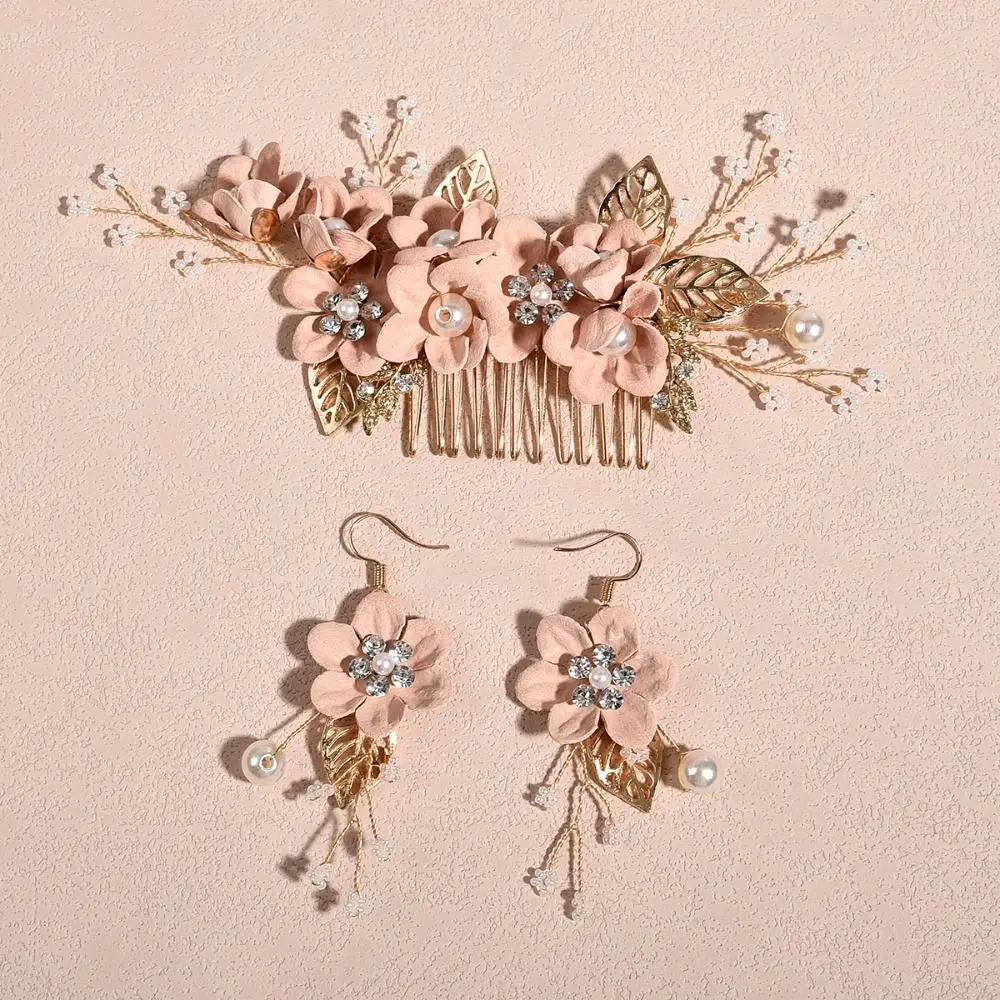 

Romantic Luxury Flower Hair Combs Earrings Set Headdress Prom Bridal Wedding Hair Accessories Gold Leaves Hair Jewelry Gifts