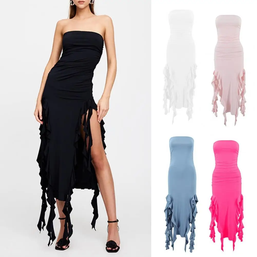 

Sexy Dress Elegant Strapless Off Shoulder Midi Dress with Ruffles Split Hem for Summer Beach Parties Slim Fit for Women Tube Top