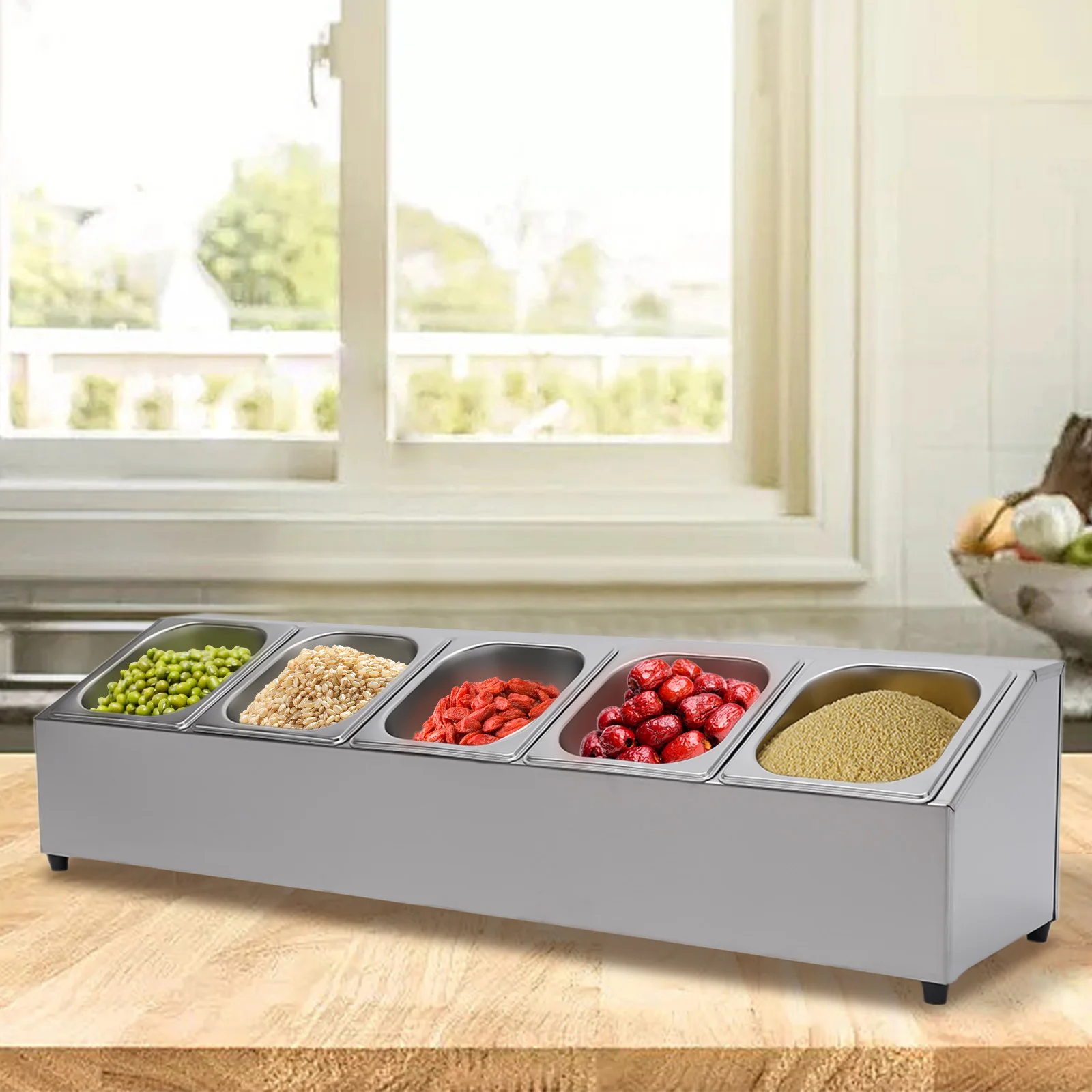 Pizza Topping Station Organizer Condiment Container w/5 Pans & Lids, Stainless Steel Seasoning Food Containers
