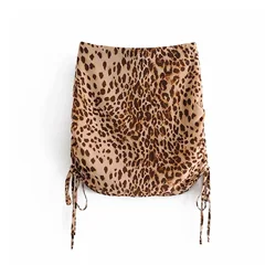 2022NEW Women Vintage Leopard Print High Waist Spring Mini Skirts Chic Lady Fashion Side Pleated Drawstring Animal Print Skrit