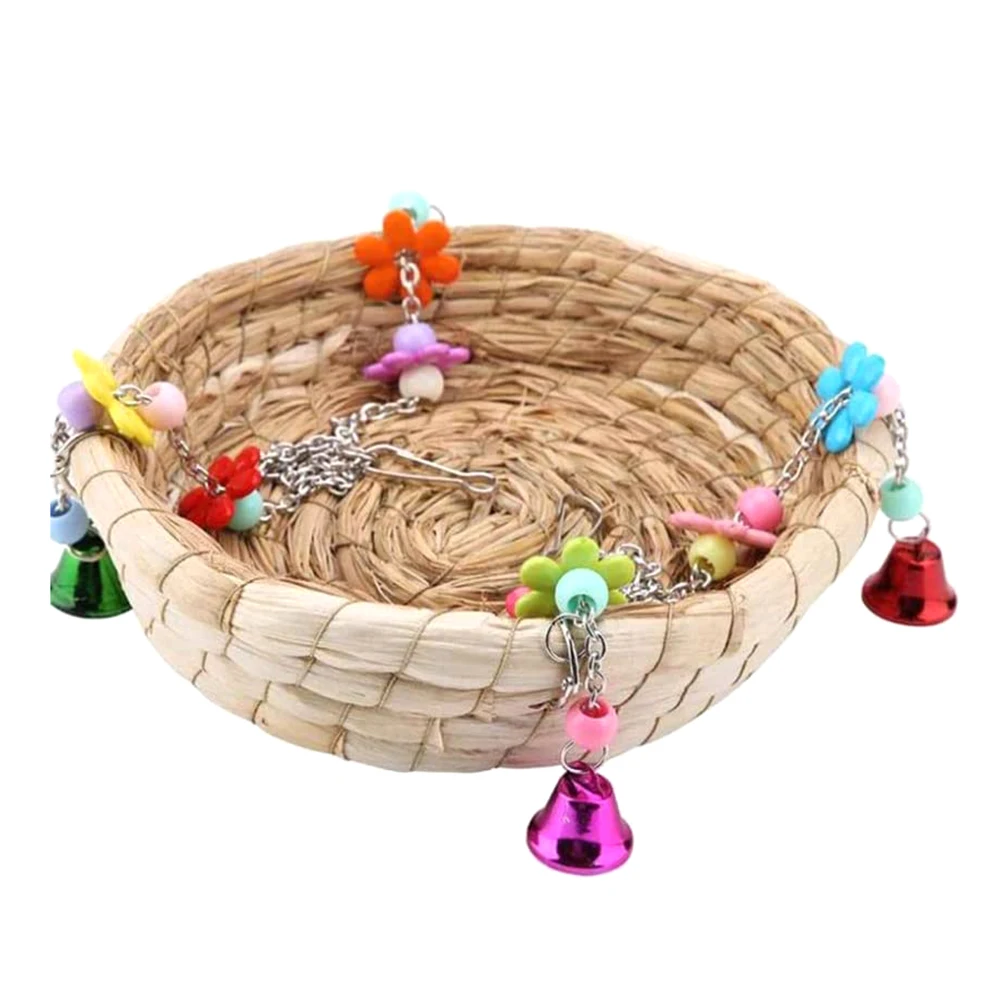 Bird Parrot Toy Parrot Nest Natural Handmade Woven Grass Bed Swing With 4 Metal Bells Bird Toy Swing