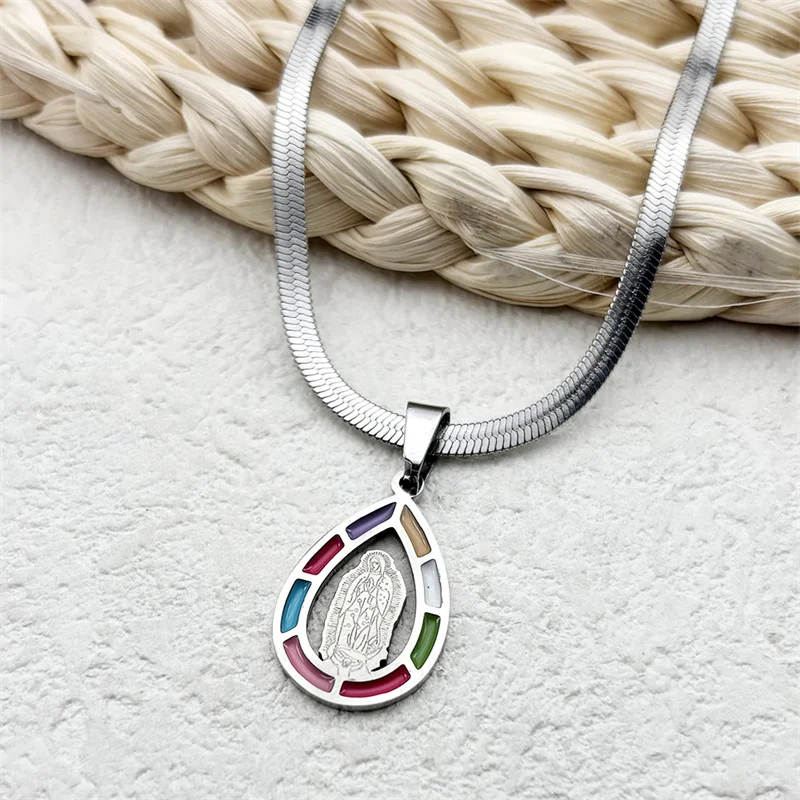 Jungfrau Maria Beten Halskette für Frauen Männer Edelstahl Emaille Gold Farbe Wassertropfen Form Guadalupe Kette Schmuck – Detail 5