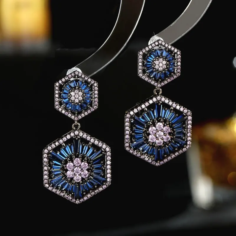 Cubic Zirconia France Fashion Statement Geometric Hexagon Dangle Earrings For Women Elegant Temperament Wedding Luxury Jewelry
