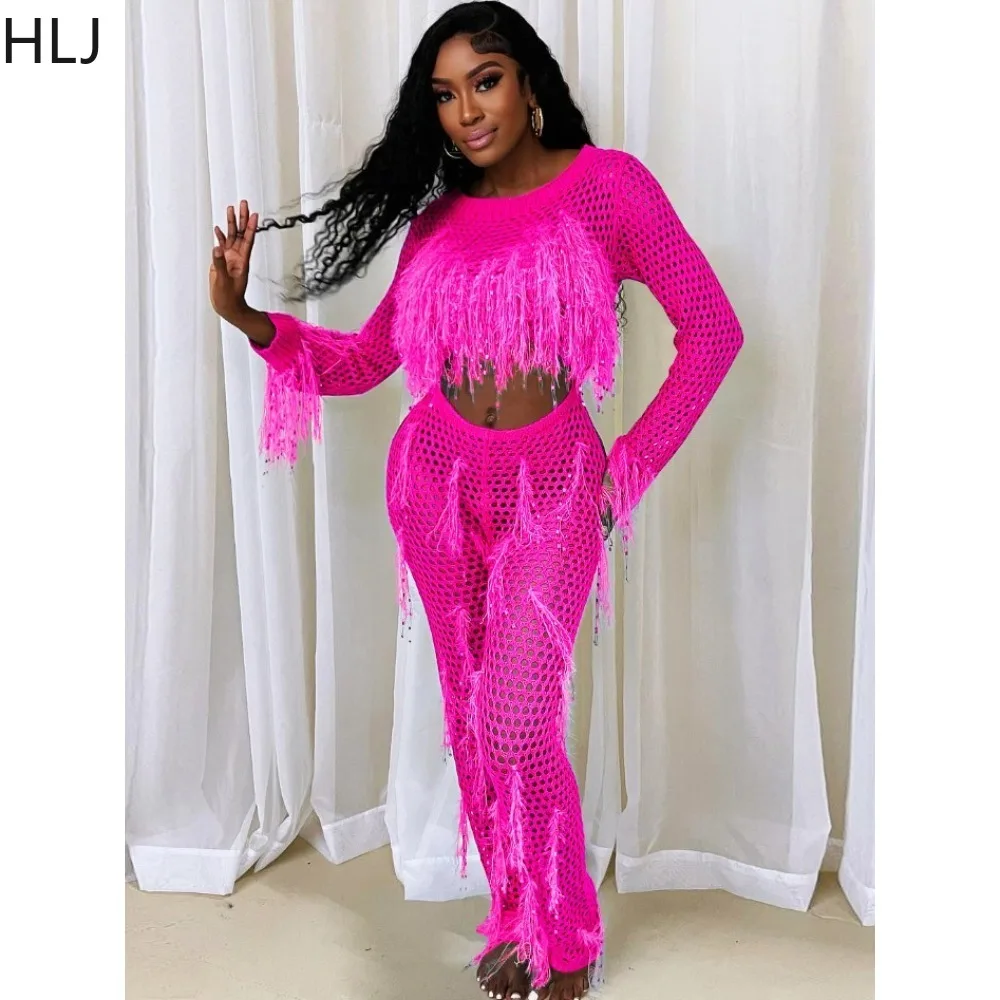HLJ Fashion Hollow Out Hole Tassels Knitting Jumpsuits Women O Neck Long Sleeve Splicing Playsuits Female Solid Slim Overalls
