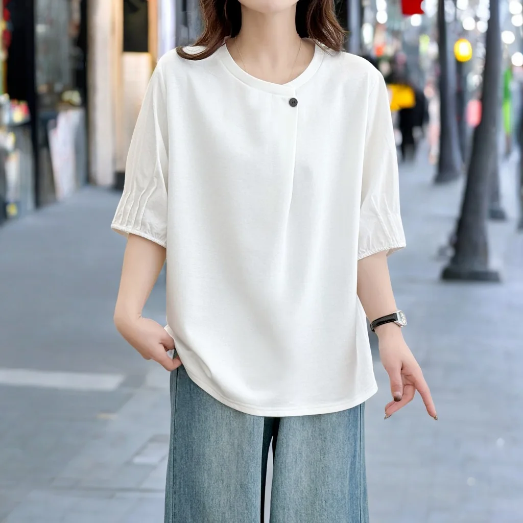 Plus Size Women's Top Summer New 100kg Design Neckline Decoration Half Sleeve T-shirt 2513