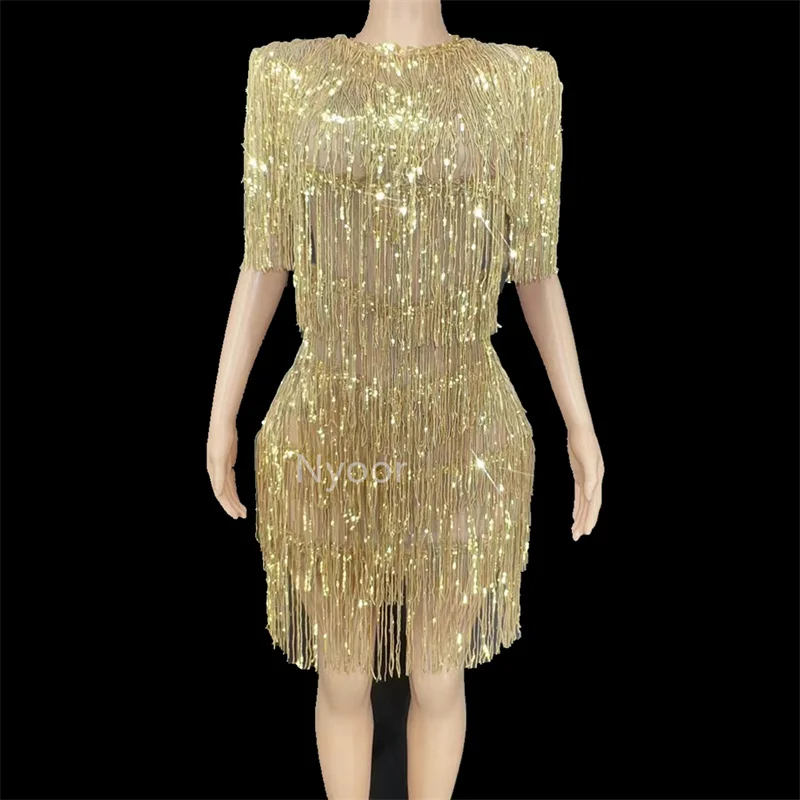 

Sparkly Golden tassel Bodysuit Women Outfit Female Bar Club Stage Party Birthday Singer Dance Stage Wear Costume New 2022
