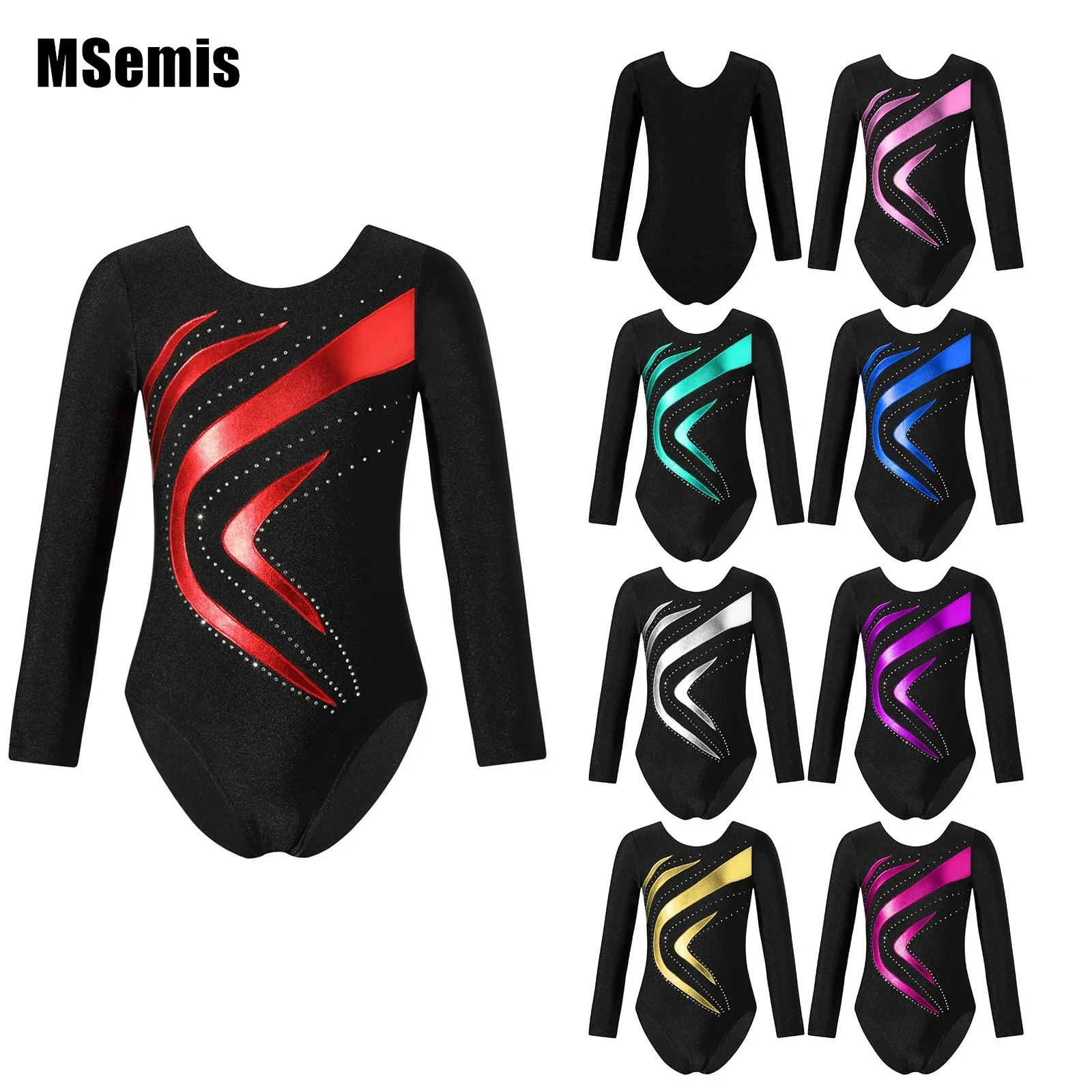 Kids Girls Shiny Dance Leotards Rhinestone Decorated Long Sleeve Round Neckline Bronzing Cloth Patchwork Style Slim Fit Bodysuit pompoms and socks girls cheerleading uniform dance costume long sleeves kids cheerleader outfit round neckline patchwork style d