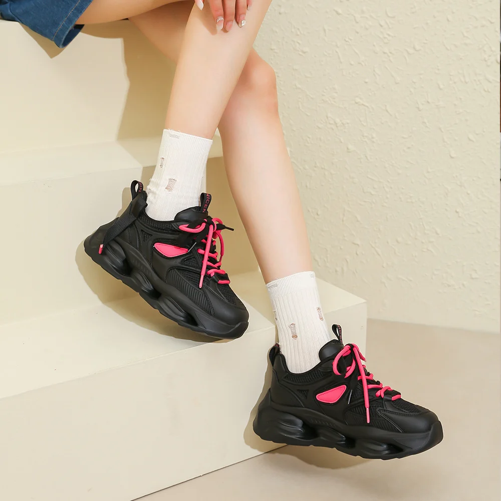 SOMILISS Women Platform Chunky Sneakers Genuine Leather Breathable Mesh Patchwork Comfortable Ladies Fashion Casual Shoes