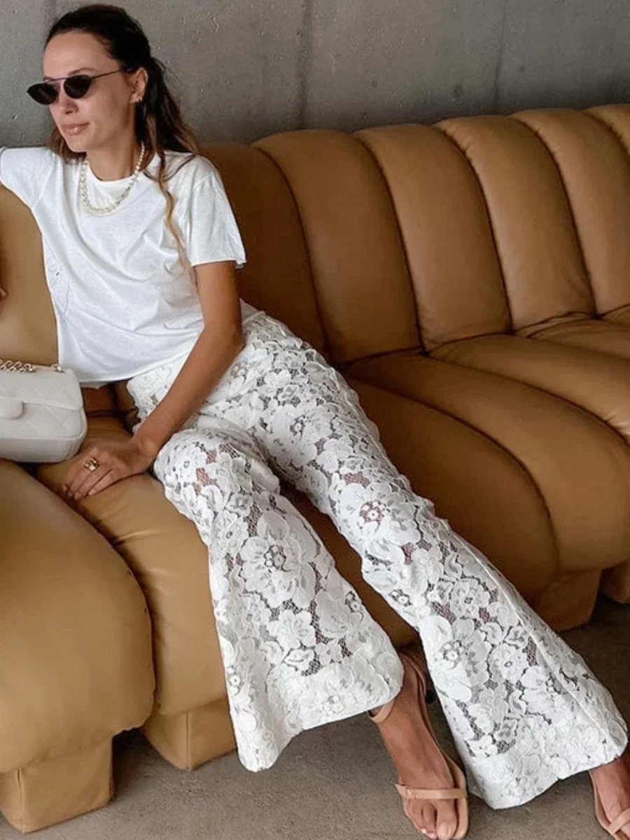 Bornladies Sexy Perspective White Flare Pants Summer Women Vacation High Waist Long Trousers Lace Beach Style Female Pants 2025