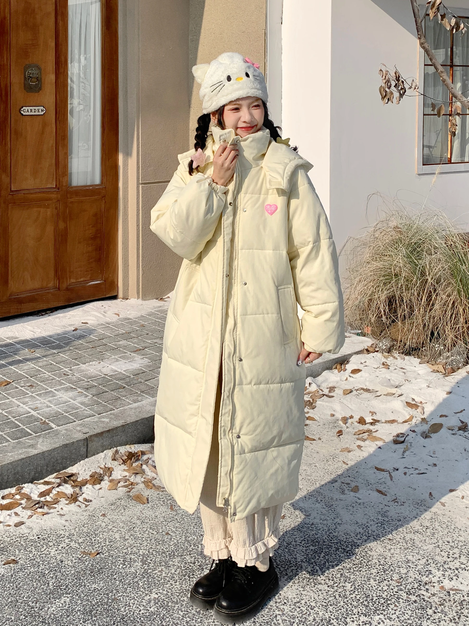 

Original Parka Coat Women's Thickened Mid-Length Hooded Jacket with Feather and Sweet College Wind for Small Stature in Winter