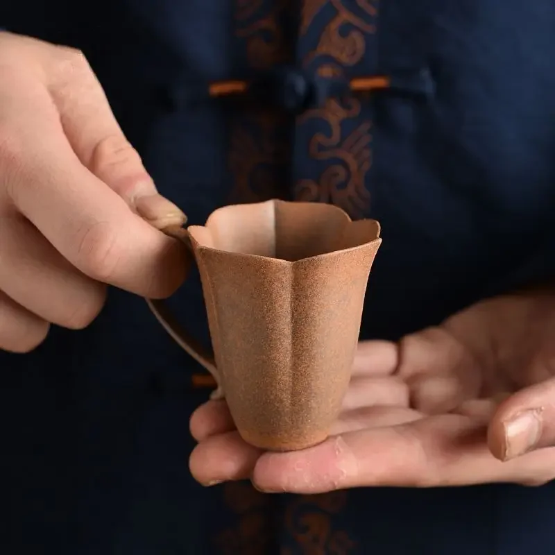 1pc Rough pottery teacup light luxury master cup anti-scald high value petal cup tea cup old rock clay ancient style beauty cups