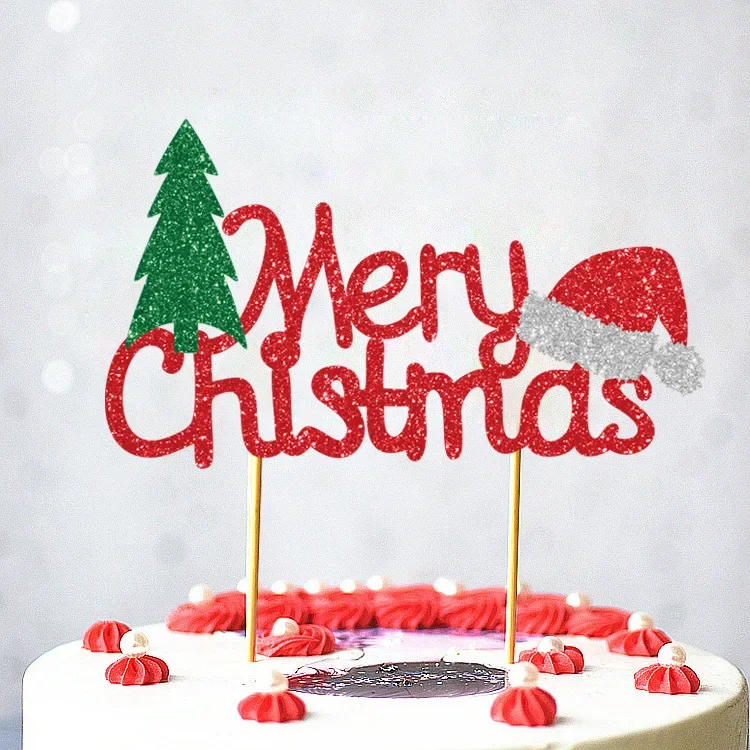 Merry Christmas With Hat Cake Topper Flags Antlers Tree Cupcake Toppers Party Decoration Happy New Year Baking Supplies DIY Xmas