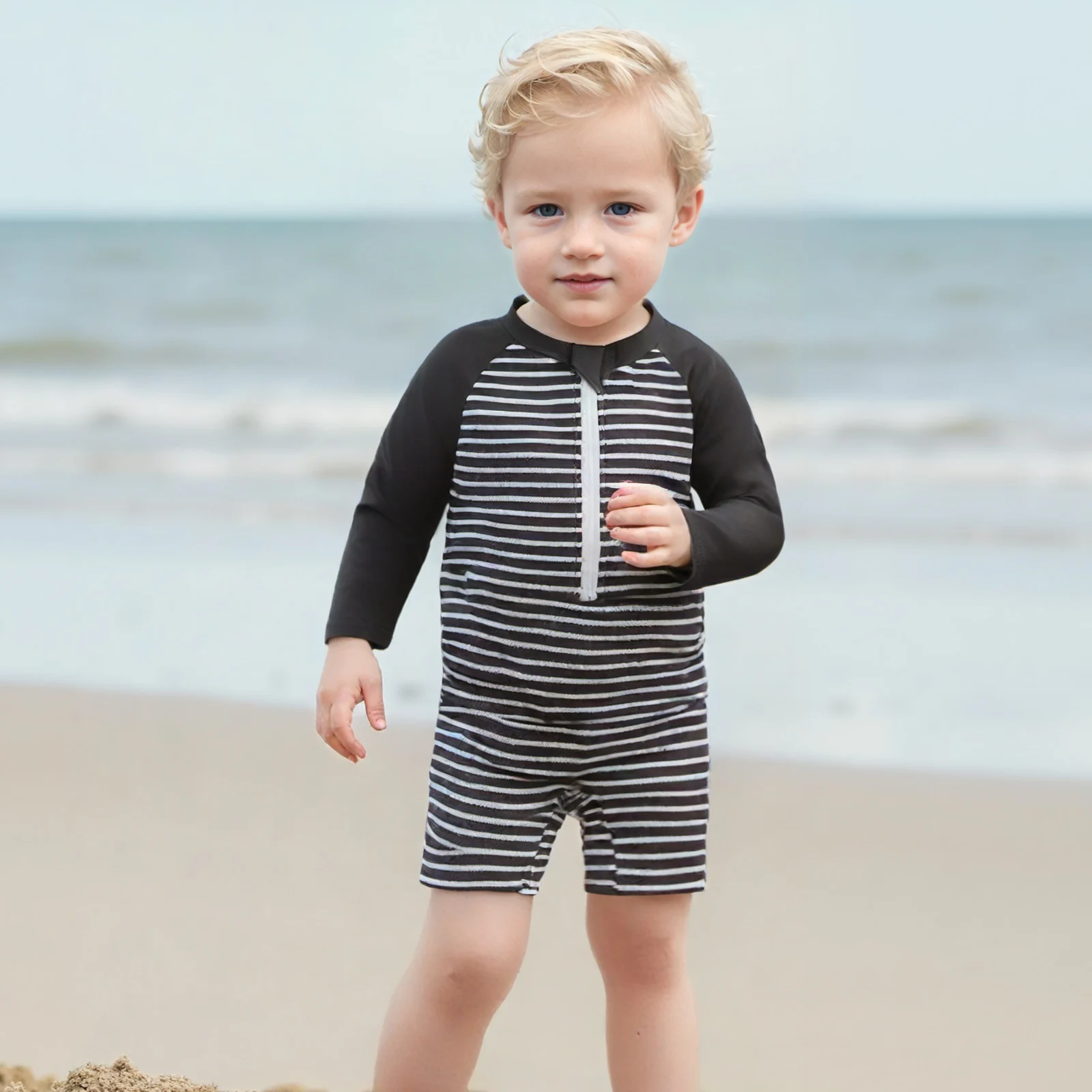 Infant Baby Boy Swimsuit with Hat Fashion Summer Toddler Striped Pattern Zip Up Long Sleeve Swimwears Children Rash Guard