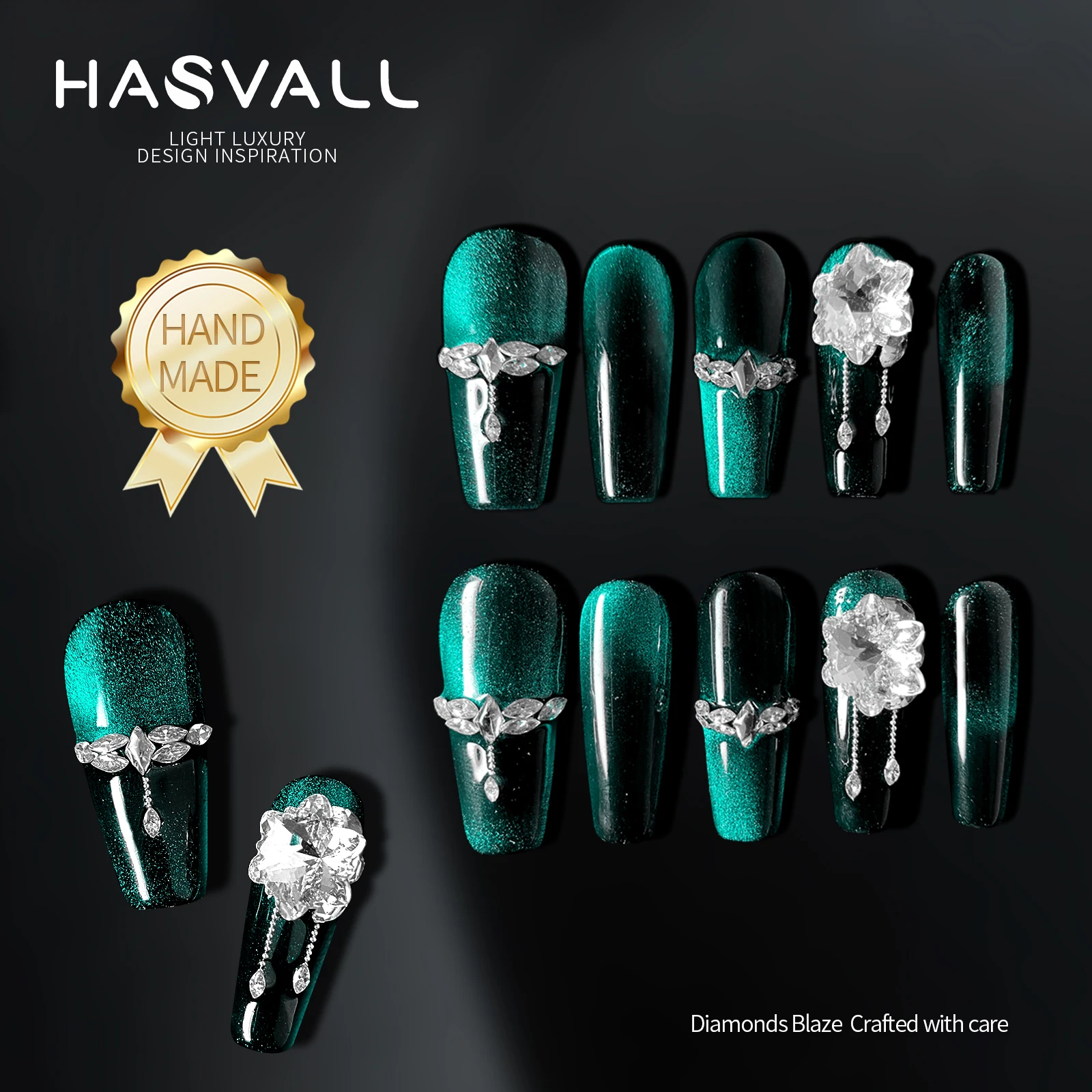 

HASVALL Handmade Cat Eyes Press on Nails Long Coffin Full Cover Green Glitter Salon False Nails with Rhinestones Designs 10pcs