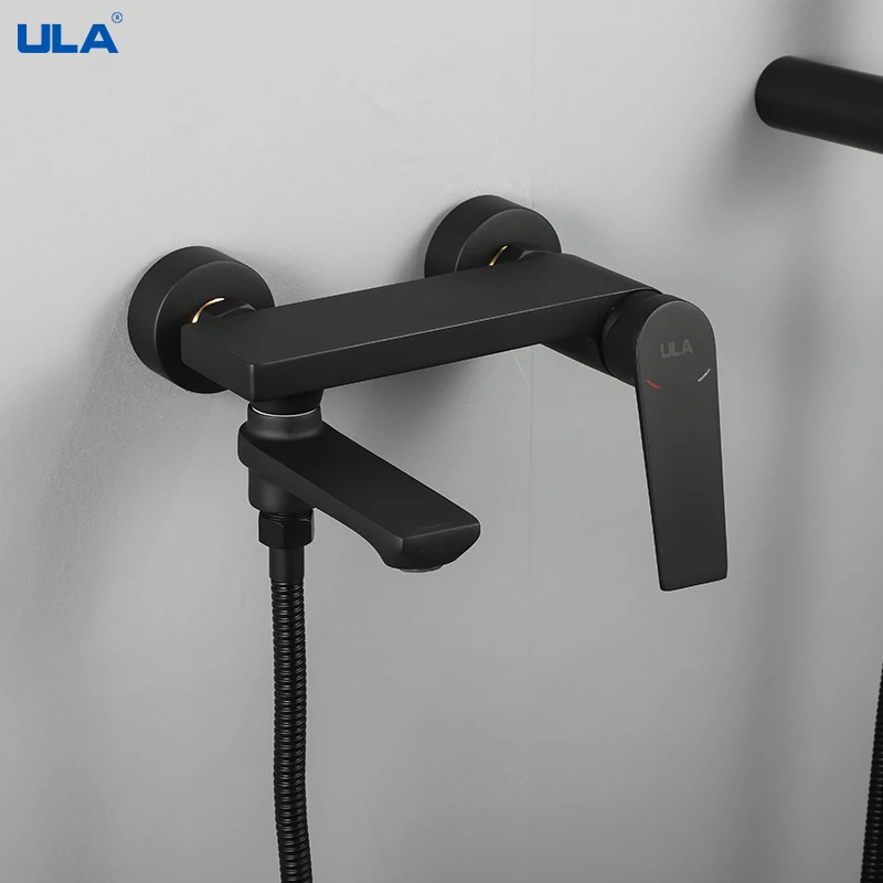 ULA Black Bathtub Faucet Brass Bathroom Shower Faucet with Swivel Tub Spout Shower Mixer Tap with Handheld Shower Mixing Valve 4
