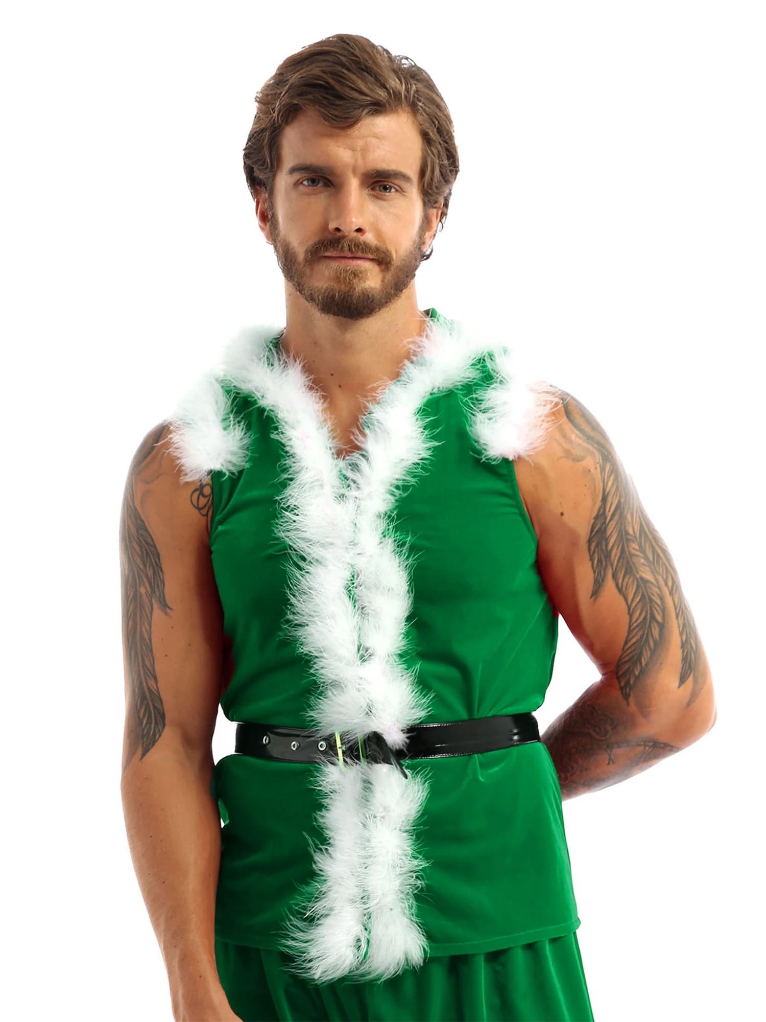 Men Christmas Dress Up Santa Claus Cosplay Costume Mr Santa Waistcoat Vest Soft Velvet Hooded Coat Xmas Holiday Party Dress Up