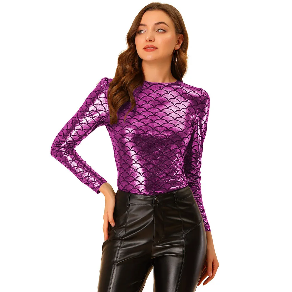 Sexy Faux Leather Long Sleeve Round Neck T-Shirts, Skinny Blouse, Shiny Fish, Mermaid Scales Shirt, Party Tops, Clubwear , 7XL 5