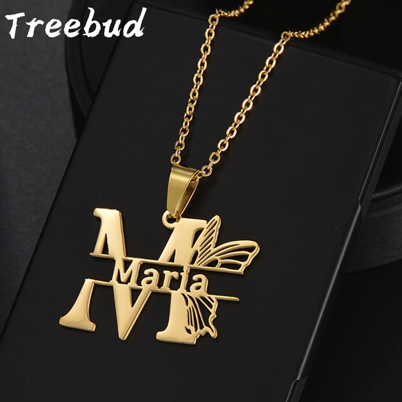 Treebud Customized Butterfly Name Necklaces Stainless Steel Personalized Capital Letters Pendant For Women Jewelry Gifts