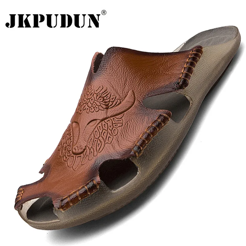 Men Leather Sandals Slip-On Casual Beach Shoes Plus Size 38-48