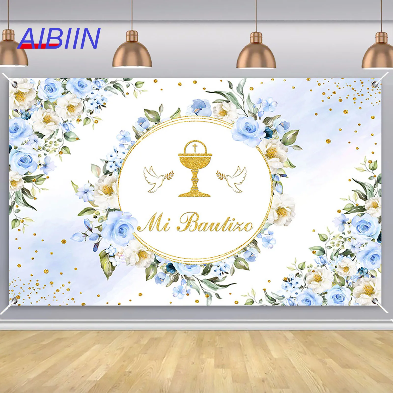 AIBIIN My Baptism Banner Backdrop Pink or Blue Floral Gold Dots Peace Dove Boy Girl God Bless Background Party Decor