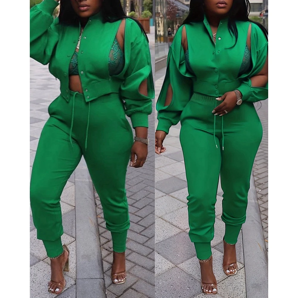 2pcs Pants Set Women Slit Design Buttoned Top & Drawstring Cuffed Pants Set Female Two Piece Suit Sets Casual Outfits Set Sporty