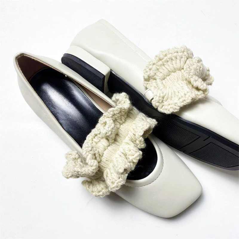 Knitted Elastic Band Mary Janes Shoes Women Square Toe Elegant Low Heels Pumps Spring Autumn PU Leather Ladies Shoes Loafers 3