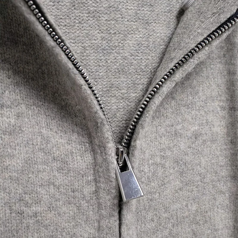 Casual Hooded Cardigans Women Gray Long Sleeve Soft Zipper Ribbed Sweater Female 2025 Spring Fashion Simple Slim-fit Top New