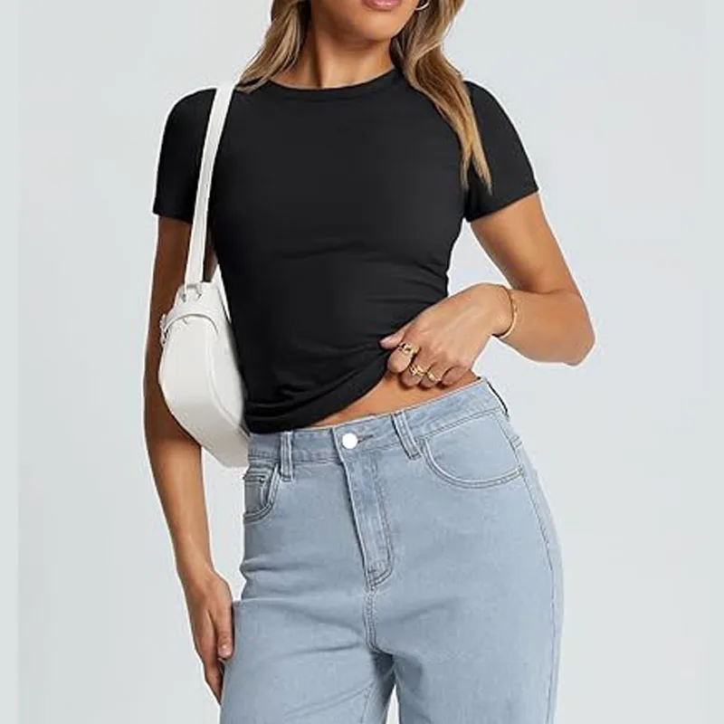2025, neue frauen Slim Fit T-Shirt Sommer Sexy Kurzarm Rundhals Tops Koreanische Mode Basic Tee Casual Engen T-shirt – Detail 16