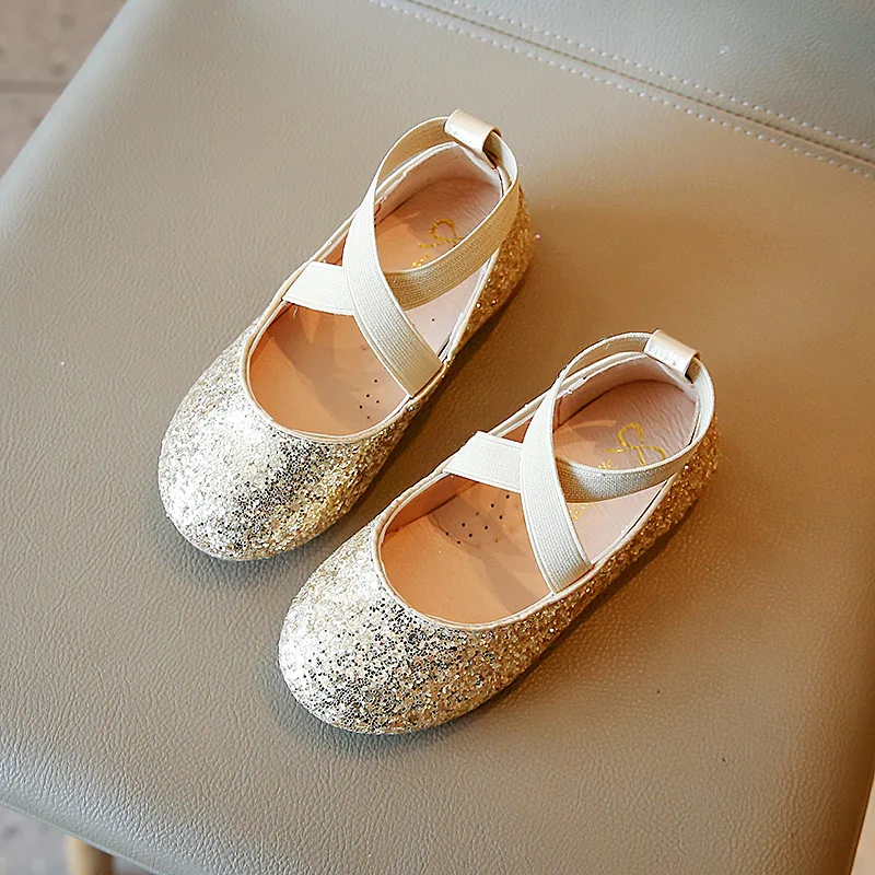 Classic Girls Ballet Shoes Sequins Wedding Party Children Leather Shoes Spring Causal Shallow Kid Flat Shoes Round-toe Versatile
