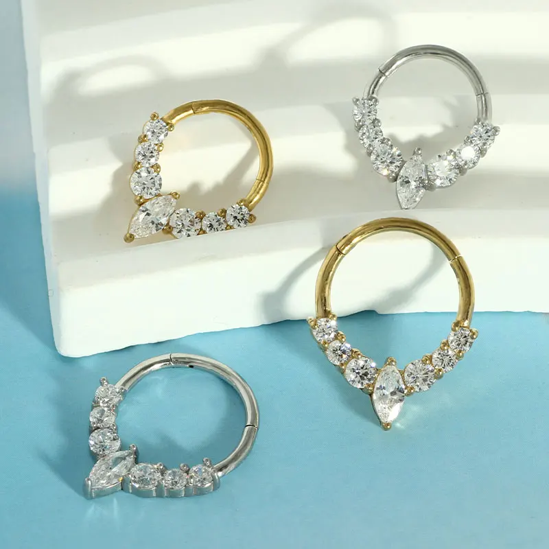 1pcs/lot 316L  Stainless Steel Conch Helix Daith Piercing Jewelry Zircon Nose Ring Snap Cartilager Earring Septum Jewelry Women