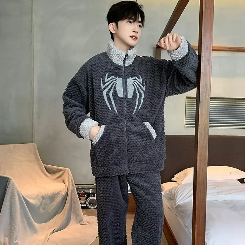 2024 New Men's Pajamas Men's Autumn Winter Loungewear Coral Velvet Thickened Sleepwear Warm Youth Zippered Flannel Homewear