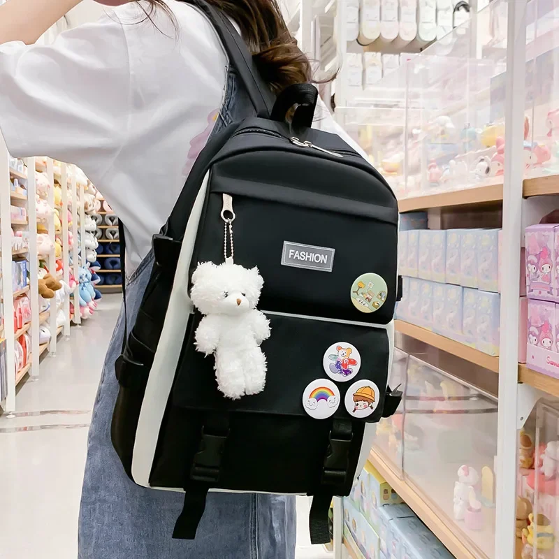 5PCS Kit Backpack Female Fashion Lady High Capacity Waterproof College Trendy Girls Laptop School Bags Cute Girl Travel Book Bag