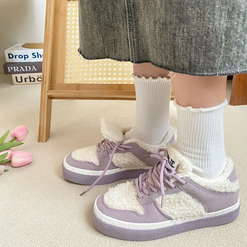 Women Plush Warm Keeping Canvas Shoes Winter Retro Corduroy Thickened Plush Thick Soled Cotton Shoes Women Board Shoes 24-94