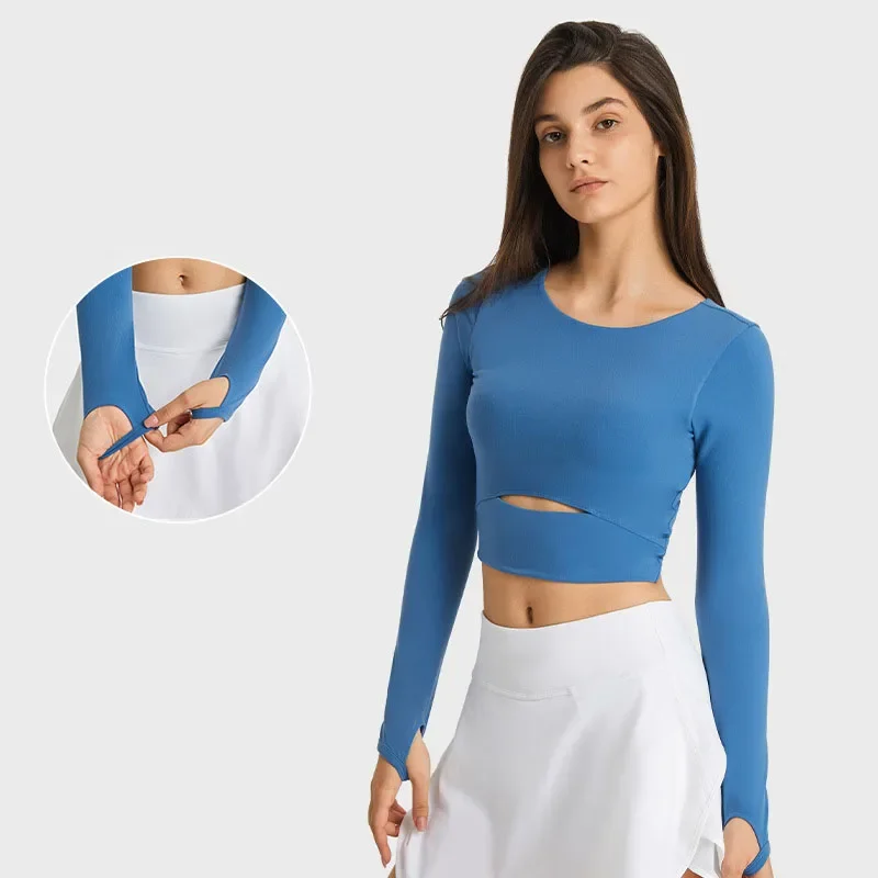 

Women Gym Yoga Shirts Built In Bra Long Sleeve Tee Sexy Naked Sports Tee Tank Crop Tops Fitness Blouses Sportswear