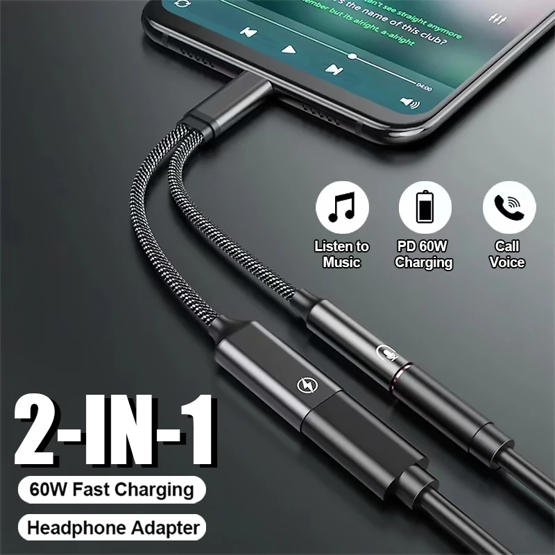 2 in 1 USB Type C To 3.5mm Aux Audio Splitter PD60W Fast Charging Cable For Xiaomi Samsung Huawei MacBook Headphone Jack Adapter